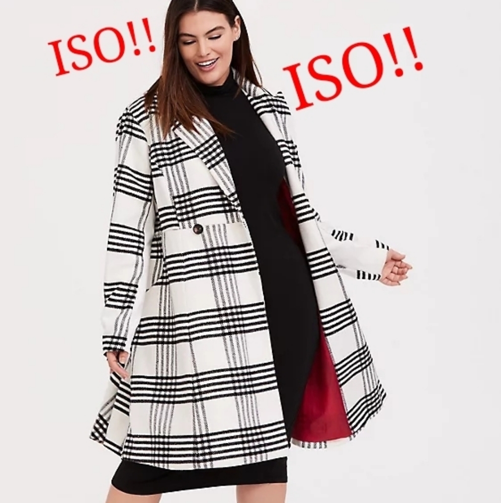 ISO! Torrid Sz 3 or 4 WHITE & BLACK PLAID WOOLEN STATEMENT COAT